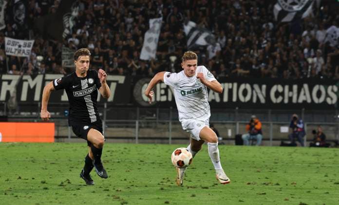 SOCCER - UEFA EL, Sturm vs Sporting GRAZ,AUSTRIA,21.SEP.23 - SOCCER - UEFA Europa League, group stage, SK Sturm Graz vs Sporting CP. Image shows David Affengruber (Sturm) and Viktor Gyoekeres (Sporting Lissabon).  GEPAxpictures xWolfgangxGrebien