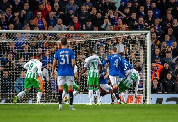 21st September 2023; Ibrox Stadium, Glasgow, Scotland: Europa League, Group Stage Football, Rangers versus Real Betis; Abdallah Sima of Rangers shoots and scores to make it 1-0 in the 67th minute  ActionPlus12555765 VagelisxGeorgariou