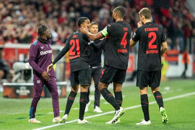 UEFA Europa League, Bayer Leverkusen BK Haecken, 21 09 2023 Cheering after goal by Amine ADLI Bayer 04 Leverkusen, 21 , UEFA Europa League, Bayer 04 Leverkusen BK Haecken, 1 group match, on 21 09 2023, BayArena, Leverkusen DFL regulations prohibit any use of photographs as image sequences and or quasi video Copyright: xBEAUTIFULxSPORTS Meuselx
