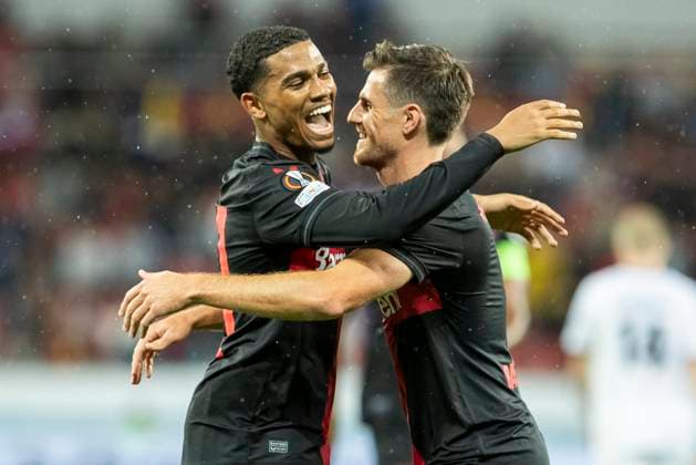 UEFA Europa League, Bayer Leverkusen BK Haecken, 21 09 2023 Amine ADLI Bayer 04 Leverkusen, 21 and Jonas HOFMANN Bayer 04 Leverkusen, 7 cheer after goal, UEFA Europa League, Bayer 04 Leverkusen BK Haecken, 1 group match, on 21 09 2023, BayArena, Leverkusen DFL regulations prohibit any use of photographs as image sequences and or quasi video Copyright: xBEAUTIFULxSPORTS Meuselx