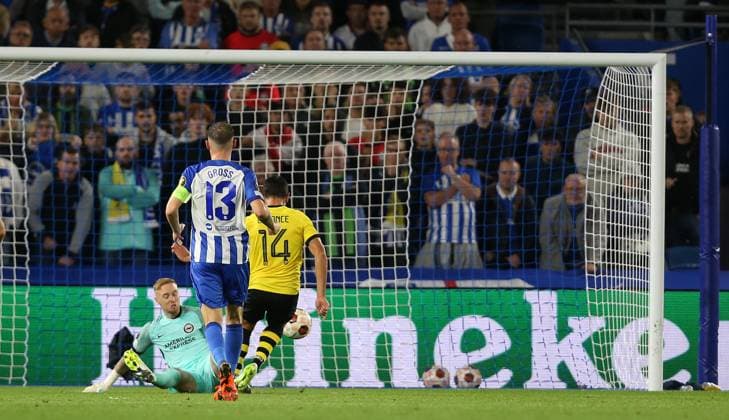 Brighton & Hove Albion v AEK Athens, UEFA Europa League, Group B, AMEX Community Stadium, Brighton, UK. - 21st September 2023 GOAL 3-2, Ezequiel Ponce of AEK Athens scores. - Brighton & Hove Albion v AEK Athens, UEFA Europa League, Group B, AMEX Community Stadium, Brighton, UK. - 21st September 2023. Brighton AMEX Community Stadium UK Copyright: xDanxWeirx CP_Brighton_AEK_Athens_15