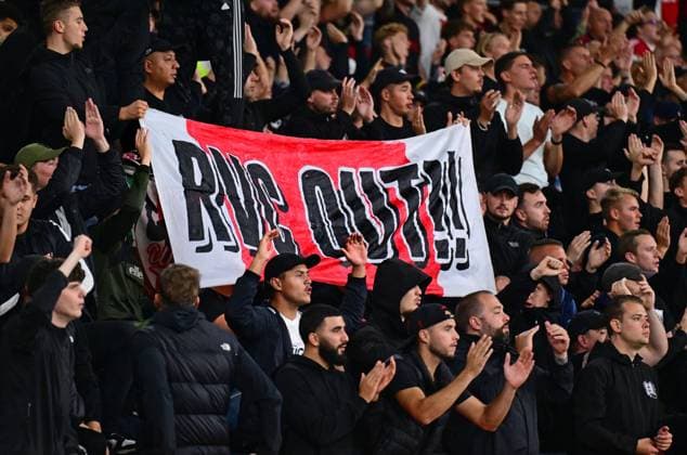 AMSTERDAM - Protest banner during the UEFA Europa League match between Ajax Amsterdam and Olympique de Marseille at the Johan Cruijff ArenA on September 21, 2023 in Amsterdam, Netherlands. ANP OLAF KRAAK Group B - UEFA Europa League 2023 2024 xVIxANPxSportx xxANPxIVx 478913709 originalFilename: 478913709.jpg