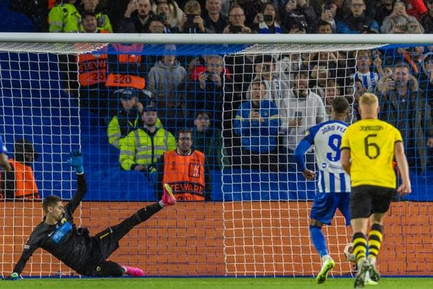 Brighton and Hove Albion v AEK Athens Europa League 21 09 2023. GOAL: Brighton & Hove Albion FC forward Joao Pedro (9) scores a goal 2-2 from a penalty during the Europa League match between Brighton and Hove Albion and AEK Athens at the American Express Stadium, Brighton and Hove, England on 21 September 2023. Brighton and Hove American Express Stadium East Sussex England Editorial use only , Copyright: xJanexStokesx PSI-18068-0040