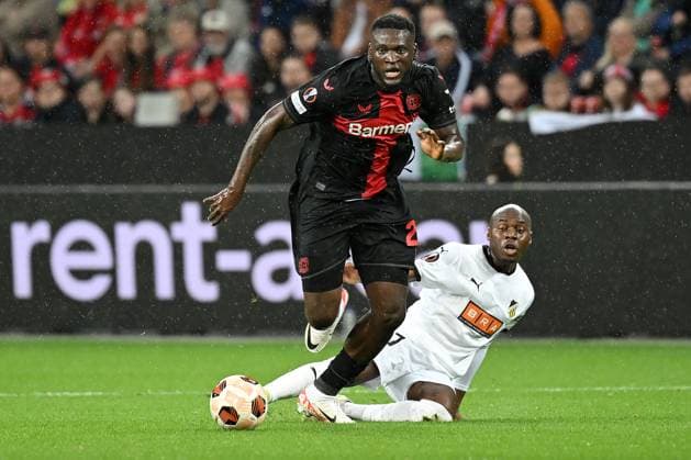 (230922) -- LEVERKUSEN, Sept. 22, 2023 -- Victor Boniface (front) of Bayer 04 Leverkusen breaks through during the Europa League football first round match between Bayer 04 Leverkusen and BK Hacken in Leverkusen, Germany, Sept. 21, 2023. (Photo by Xinhua) (SP)GERMANY-LEVERKUSEN-FOOTBALL-UEFA-EUROPA LEAGUE-LEVERKUSEN VS HAECKEN UlrichxHufnagel 