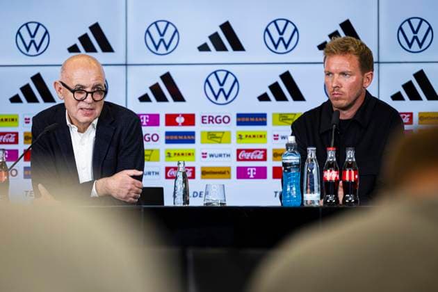 Handout-Bildmaterial ausschließlich zur redaktionellen Verwendung. !!! DFB, Deutscher Fussball-Bund, Maenner-Nationalmannschaft , Men˜s national team, Nationalteam Deutschland, Germany, DFB-Campus, Pressekonferenz mit Bundestrainer Julian Nagelsmann, Bernd Neuendorf (DFB-Praesident), Rudi Voeller (DFB-Direktor Maenner-Nationalmannschaft), Frankfurt am Main, 22.09.2023, *** Handout images exclusively for editorial use DFB, Deutscher Fussball Bund, Maenner Nationalmannschaft , Men˜s National Team, Deutschland, Germany, DFB Campus, press conference with national coach Julian Nagelsmann, Bernd Neuendorf DFB Praesident , Rudi Voeller DFB Director Maenner Nationalmannschaft , Frankfurt am Main, 22 09 2023,