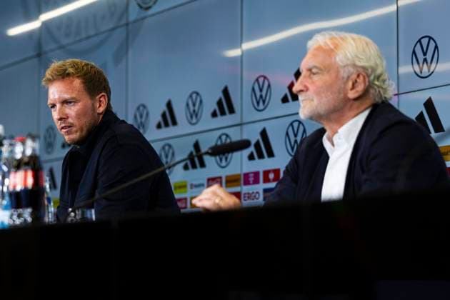 Handout images exclusively for editorial use DFB, Deutscher Fussball Bund, Maenner Nationalmannschaft , Men˜s National Team, Deutschland, Germany, DFB Campus, press conference with national coach Julian Nagelsmann, Bernd Neuendorf DFB Praesident , Rudi Voeller DFB Director Maenner Nationalmannschaft , Frankfurt am Main, 22 09 2023,
