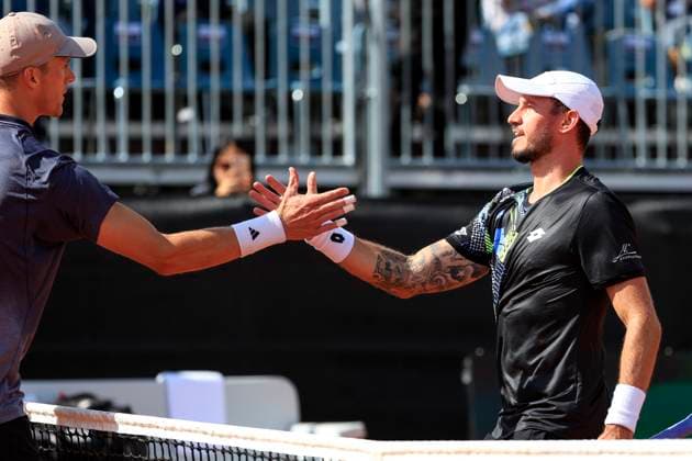TENNIS - ATP, Tennis Herren Layjet Open BAD WALTERSDORF,AUSTRIA,22.SEP.23 - TENNIS - ATP Challenger Tour, Layjet Open. Image shows Jan Choinski (GBR) and Dennis Novak (AUT).  GEPAxpictures xMarioxBuehner-Weinrauch