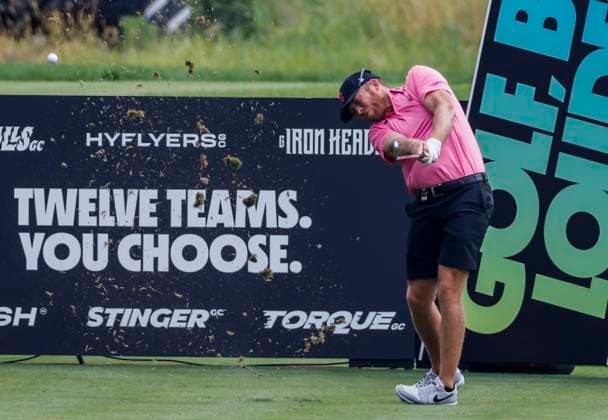 Talor Gooch of the US hits his tee shot on the fifteenth hole during the first round of the 2023 LIV Golf League tournament at Rich Harvest Farms in Sugar Grove, Illinois, on Friday September 22, 2023. Tournament play runs from September 22nd through the 24th.  SGI20230922801 TANNENxMAURY