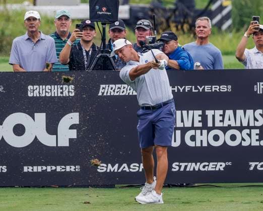 Bryson DeChambeau of the US hits his tee shot on the fifteenth hole during the first round of the 2023 LIV Golf League tournament at Rich Harvest Farms in Sugar Grove, Illinois, on Thursday, September 21, 2023. Friday September 22, 2023. Tournament play runs from September 22nd through the 24th.  SGI20230922806 TANNENxMAURY