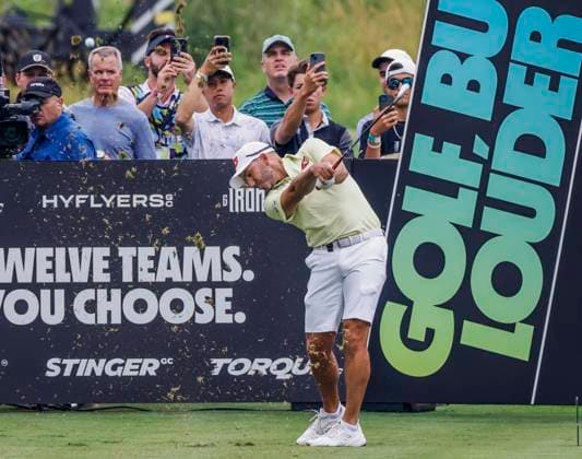 Sergio Garcia of Spain hits his tee shot on the fifteenth hole during the first round of the 2023 LIV Golf League tournament at Rich Harvest Farms in Sugar Grove, Illinois, on Friday September 22, 2023. Tournament play runs from September 22nd through the 24th.  SGI20230922807 TANNENxMAURY
