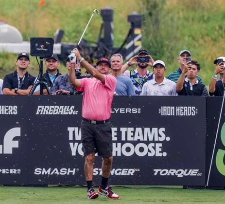 Bubba Watson of the US hits his tee shot on the fifteenth hole during the first round of the 2023 LIV Golf League tournament at Rich Harvest Farms in Sugar Grove, Illinois, on Friday September 22, 2023. Tournament play runs from September 22nd through the 24th.  SGI20230922808 TANNENxMAURY