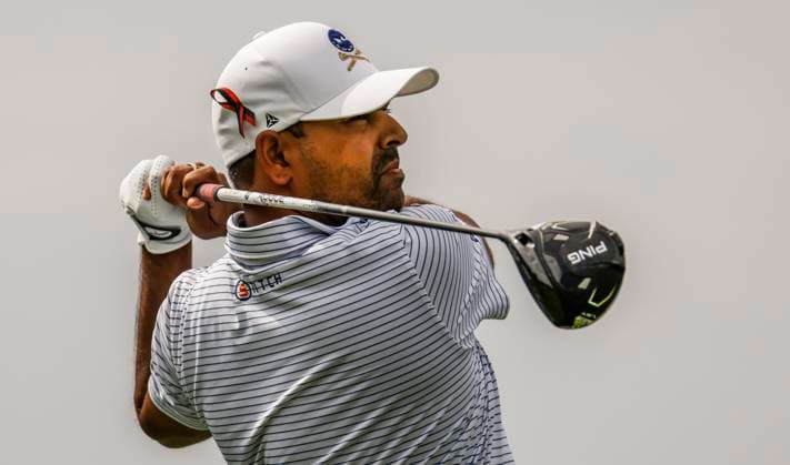 Anirban Lahiri of India hits his tee shot on the sixteenth hole during the first round of the 2023 LIV Golf League tournament at Rich Harvest Farms in Sugar Grove, Illinois, on Friday September 22, 2023. Tournament play runs from September 22nd through the 24th.  SGI20230922815 TANNENxMAURY