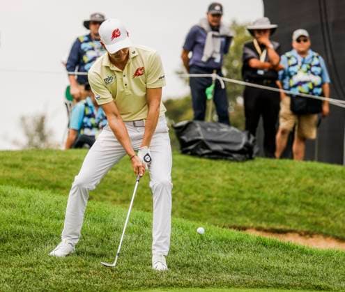 Carlos Ortiz of Mexico chips onto the fifteenth green during the first round of the 2023 LIV Golf League tournament at Rich Harvest Farms in Sugar Grove, Illinois, on Friday September 22, 2023. Tournament play runs from September 22nd through the 24th.  SGI20230922819 TANNENxMAURY