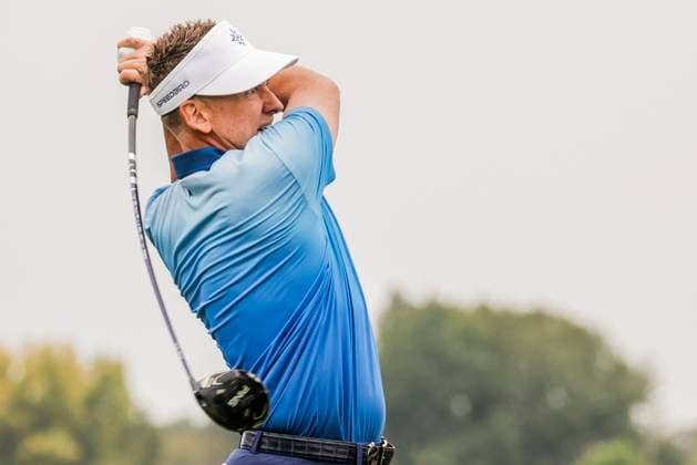 Ian Poulter of England hits his tee shot on the sixteenth hole during the first round of the 2023 LIV Golf League tournament at Rich Harvest Farms in Sugar Grove, Illinois, on Friday September 22, 2023. Tournament play runs from September 22nd through the 24th.  SGI20230922831 TANNENxMAURY
