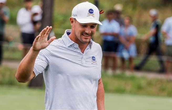 Bryson DeChambeau of the US reacts to his putt on the fifteenth green during the first round of the 2023 LIV Golf League tournament at Rich Harvest Farms in Sugar Grove, Illinois, on Friday September 22, 2023. Tournament play runs from September 22nd through the 24th.  SGI20230922834 TANNENxMAURY