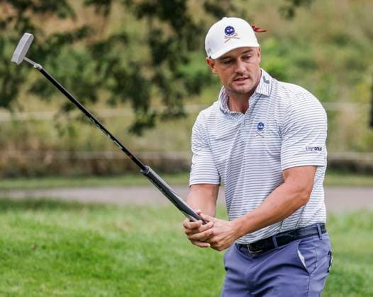 Bryson DeChambeau of the US reacts to his putt on the fifteenth green during the first round of the 2023 LIV Golf League tournament at Rich Harvest Farms in Sugar Grove, Illinois, on Friday September 22, 2023. Tournament play runs from September 22nd through the 24th.  SGI20230922837 TANNENxMAURY