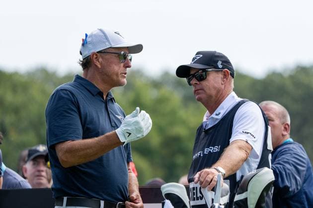 SUGAR GROVE, IL - SEPTEMBER 23: Phil Mickelson of the HyFlyers GC speaks to his caddy during Day Two of the LIV Golf Invitational - Chicago on September 22, 2023, at Rich Harvest Farms in Sugar Grove, IL (Photo by Ben Hsu Icon Sportswire) GOLF: SEP 23 LIV Golf Chicago EDITORIAL USE ONLY Icon224230922008
