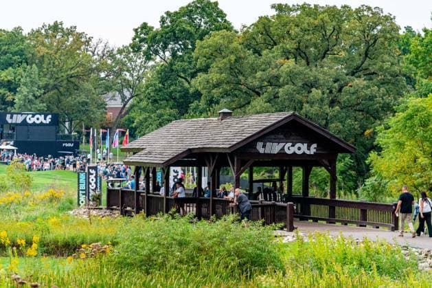 SUGAR GROVE, IL - SEPTEMBER 23: a wide shot of a bridge at Rich Harvest Farms with the LIV Golf logo on it at Day Two of the LIV Golf Invitational - Chicago on September 22, 2023, at Rich Harvest Farms in Sugar Grove, IL (Photo by Ben Hsu Icon Sportswire) GOLF: SEP 23 LIV Golf Chicago EDITORIAL USE ONLY Icon224230922022