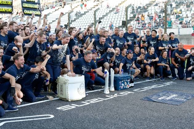 Christian Horner GBR, Oracle Red Bull Racing , 1 Max Verstappen NLD, Oracle Red Bull Racing , 11 Sergio Perez MEX, Oracle Red Bull Racing and Team of Red Bull Racing celebrates winning the 2023 World Constructors Championship, F1 Grand Prix of Japan at Suzuka International Racing Course on September 24, 2023 in Suzuka, Japan Photo by HOCH ZWEI Suzuka Japan