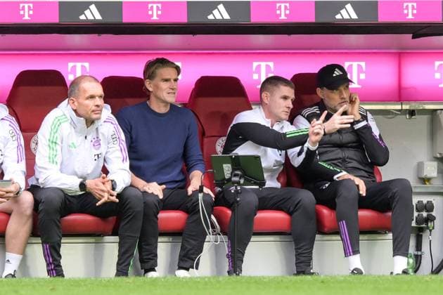 Soccer, 1 Bundesliga, 20230923, FC Bayern Munich VfL Bochum In the picture fitness coach of FC Bayern Munich Prof Dr Holger BROICH, Sports Director of FC Bayern Munich Christoph FREUND, Co coach of FC Bayern Munich Anthony BARRY and coach of FC Bayern Munich Thomas TUCHEL Bank Co coach of FC Bayern Munich Zsolt LÅW nciht in the picture missing today Munich Allianz Arena Bayern Germany Copyright: Passion2Press MarkusxFischerx