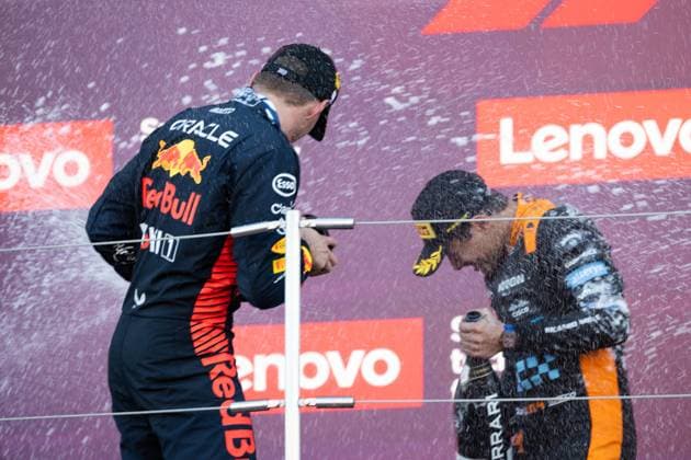 September 24, 2023, Suzuka, Mie Prefecture, Japan: MAX VERSTAPPEN (NED) of Red Bull Racing 1 and LANDO NORRIS (GBR) of McLaren 4 celebrates their podium at the 2023 Formula 1 Japanese Grand Prix. Suzuka Japan - ZUMAb177 20230924_aap_b177_122 Copyright: xTaidghxBarronx