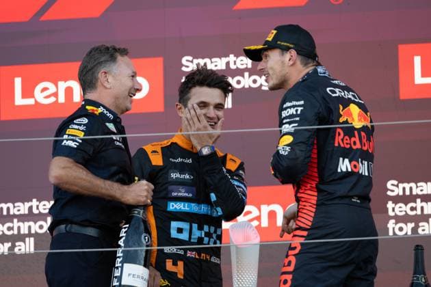 September 24, 2023, Suzuka, Mie Prefecture, Japan: CHRISTAIN HORNER, LANDO NORRIS (GBR) of McLaren 4 and MAX VERSTAPPEN (NED) of Red Bull Racing 1 celebrates their podium at the 2023 Formula 1 Japanese Grand Prix. Suzuka Japan - ZUMAb177 20230924_aap_b177_145 Copyright: xTaidghxBarronx