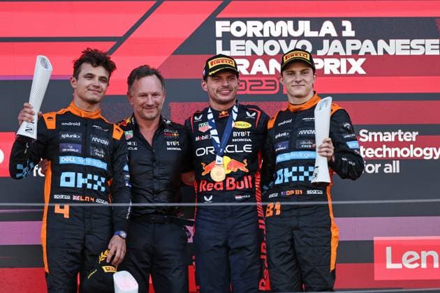 (230924) -- SUZUKA, Sept. 24, 2023 -- Red Bull Racing s Dutch driver Max Verstappen (2nd R), McLaren s Australian driver Oscar Piastri (1st R) ,Mclaren s British driver Lando Norris (1st L) and Redbull Racing s British Team principal Christian Horner (L-2) pose for photos during the awarding ceremony after the race of the Formula One Japan Grand Prix held at the Suzuka Circuit in Suzuka City, Japan, Sept, 2023. (Photo by Xinhua) (SP)JAPAN-SUZUKA-F1-JAPAN GRAND PRIX-RACE QianxJun 