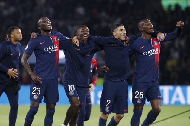 Randal Kolo Muani (PSG) - Ousmane Dembele (PSG) - Achraf Hakimi (PSG) - Nordi Mukiele (PSG) FOOTBALL : Paris Saint Germain Vs Olympique de Marseille - Ligue 1 Uber Eats - 24 09 2023 MichaelBaucher Panoramic 