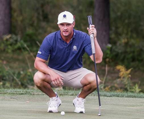 Bryson DeChambeau of the US lines up his putt on the fifteenth green during the third round of the 2023 LIV Golf League tournament at Rich Harvest Farms in Sugar Grove, Illinois, on Sunday, September 24, 2023. Tournament play runs from September 22nd through the 24th.  SGI20230924834 TANNENxMAURY