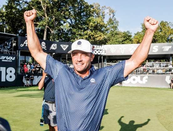 Bryson DeChambeau of the US celebrates as he wins the 2023 LIV Golf League tournament at Rich Harvest Farms in Sugar Grove, Illinois, on Sunday, September 24, 2023.  SGI20230924844 TANNENxMAURY