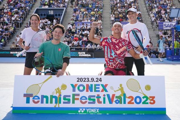 (L-R) Kimiko Date (JPN), Shingo Kunieda (JPN), Tokito Oda (JPN), Martina Navratilova (USA), SEPTEMBER 24, 2023 - Tennis : Exhibition Match at Ariake Tennis Forest Park during YONEX Tennis Festival with TORAY PPO TENNIS in Tokyo, Japan. Noxthirdxpartyxsales  (230309963)