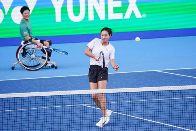 (L-R) Shingo Kunieda (JPN), Kimiko Date (JPN), SEPTEMBER 24, 2023 - Tennis : Exhibition Match at Ariake Tennis Forest Park during YONEX Tennis Festival with TORAY PPO TENNIS in Tokyo, Japan. Noxthirdxpartyxsales  (230309976)