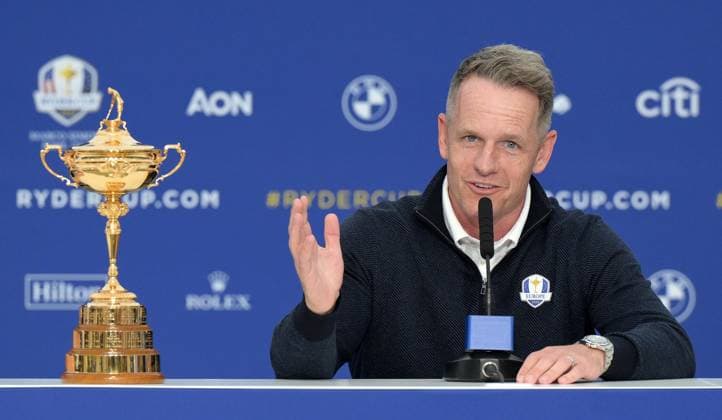 September 25, 2023, ROME, ITALIA: European Captain Luke Donald gestures during a the press conference, PK, Pressekonferenz for the 2023 Ryder Cup golf tournament at Marco Simone Golf Club in Guidonia, near Rome, Italy, 25 September 2023. Competition for the 44th Ryder Cup between the US and Europe begins 29 September 2023. ANSA ETTORE FERRARI 2023 Ryder Cup golf tournament  - ZUMAa110 20230925_zaf_a110_007 Copyright: xEttorexFerrarix
