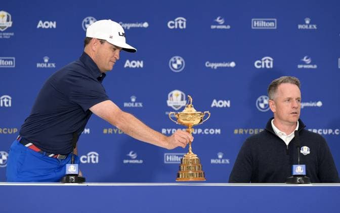 September 25, 2023, ROME, ITALIA: European Captain Luke Donald (R) and United States Captain Zach Johnson (L) during a the press conference, PK, Pressekonferenz for the 2023 Ryder Cup golf tournament at Marco Simone Golf Club in Guidonia, near Rome, Italy, 25 September 2023. Competition for the 44th Ryder Cup between the US and Europe begins 29 September 2023. ANSA ETTORE FERRARI 2023 Ryder Cup golf tournament  - ZUMAa110 20230925_zaf_a110_008 Copyright: xEttorexFerrarix