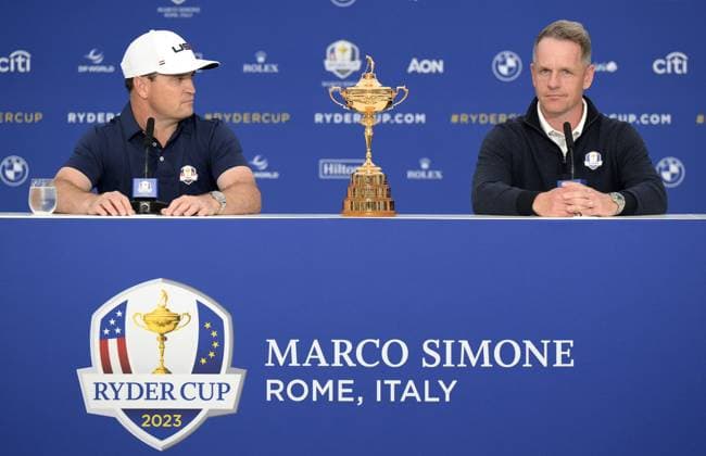September 25, 2023, ROME, ITALIA: European Captain Luke Donald (R) and United States Captain Zach Johnson (L) during a the press conference, PK, Pressekonferenz for the 2023 Ryder Cup golf tournament at Marco Simone Golf Club in Guidonia, near Rome, Italy, 25 September 2023. Competition for the 44th Ryder Cup between the US and Europe begins 29 September 2023. ANSA ETTORE FERRARI 2023 Ryder Cup golf tournament  - ZUMAa110 20230925_zaf_a110_009 Copyright: xEttorexFerrarix