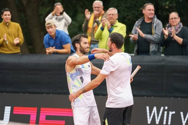 TENNIS - ATP, Tennis Herren Layjet Open BAD WALTERSDORF,AUSTRIA,25.SEP.23 - TENNIS - ATP Challenger Tour, Layjet Open. Image shows the rejoicing of Andrea Pellegrino (ITA) and Dennis Novak (AUT).  GEPAxpictures xJohannesxFriedl