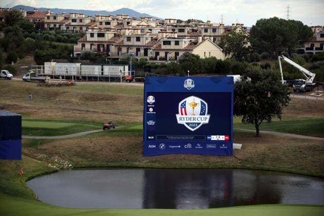 ROME, Italy - 25.09.2023: Giant display on the lawn . Work in progress for the 2023 Ryder Cup in Rome at Marco Simeoni Golf e country club in Rome, Italy.  Copyright: xMarcoxIacobuccix xipa-agency.netx xMarcoxIacobuccix IPA_40560202 IPA_IPA40560202