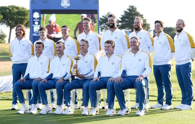 GOLF - Ryder Cup 2023 ROME,ITALY,26.SEP.23 - GOLF - Ryder Cup, preview. Image shows 1.row: Tommy Fleetwood (ENG EUR), Matt Fitzpatrick (ENG EUR), Rory Mcilroy (XI EUR), Ludvig Aberg (SWE EUR), Jon Rahm (ESP EUR), Shane Lowry (IRL EUR), Viktor Hovland (NOR EUR), Tyrell Hatton (ENG EUR). 2nd row: Justin Rose (ENG EUR), Nicolai Hojgaard DEN EUR), team captain Luke Donald, Robert Macintyre (SCO EUR) and Sepp Straka (AUT EUR). GEPAxpictures xHansxOberlaender
