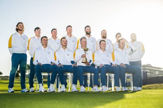 230926 Ludvig Aberg of Team Europe bottom row furthest to the left , with team mates poses for a picture ahead of a training session during day 3 of the Ryder Cup on September 26, 2023 in Rome Photo Mathias Bergeld BILDBYRAN kod MB MB0731 golf ryder cup träning practice training day 3 bbeng  Copyright: MATHIASxBERGELD BB230926MB028