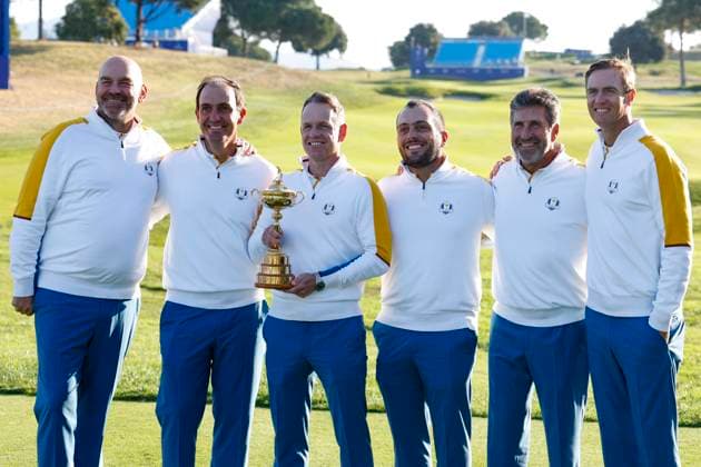 September 26, 2023, ROME, ITALY: (L-R) Europe s Danish vice-captain, Thomas Bjorn, Europe s Italian vice-captain, Edoardo Molinari, Europe s English captain, Luke Donald, Europe s Italian vice-captain, Francesco Molinari, Europe s Spanish vice-captain, Jose Maria Olazabal and Europe s Belgian vice-captain, Nicolas Colsaerts pose with the trophy during the European team official team portraits for the 2023 Ryder Cup golf tournament at Marco Simone Golf Club in Guidonia, near Rome, Italy, 26 September 2023. The 44th Ryder Cup matches between the US and Europe will be held in Italy from 29 September to 01 October 2023..ANSA FABIO FRUSTACI 2023 Ryder Cup golf tournament - ZUMAa110 20230926_zaf_a110_009 Copyright: xFabioxFrustacix