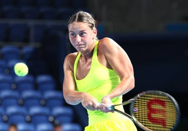 September 26, 2023, Tokyo, Japan - Marta Kostyuk of Ukraine returns the ball against Russia s Daria Kasatkina during the first round match of the Toray pan Pacific Open tennis tournament at the Ariake Colosseum in Tokyo on Tuesday, September 26, 2023. (photo by Yoshio Tsunoda AFLO) Noxthirdxpartyxsales  (0305928159st)