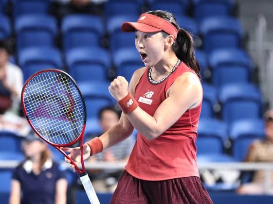 September 26, 2023, Tokyo, Japan - Misaki Doi of Japan shouts as she wins the first set against Croatia s Petra Martic during the first round match of the Toray pan Pacific Open tennis tournament at the Ariake Colosseum in Tokyo on Tuesday, September 26, 2023. Doi defeated Martic 7-6, 6-2 and she will withdraw from her professional tennis carrier after this tornament. (photo by Yoshio Tsunoda AFLO) Noxthirdxpartyxsales  (0305937790st)