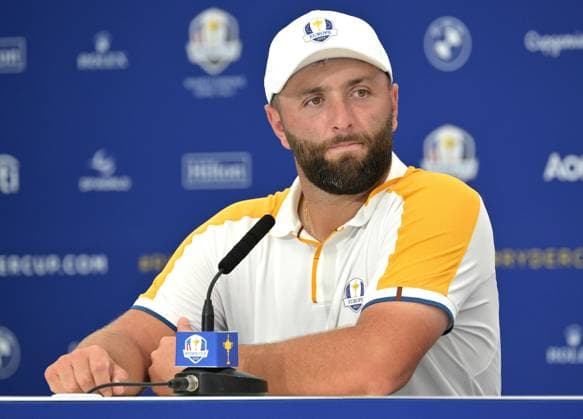 September 26, 2023, ROME, ITALIA: European team s golfer Spanish Jon Rahm attends a press conference, PK, Pressekonferenz during the 2023 Ryder Cup golf tournament at Marco Simone Golf Club in Guidonia, near Rome, Italy, 26 September 2023. The 44th Ryder Cup matches between the US and Europe will be held in Italy from 29 September to 01 October 2023ANSA ETTORE FERRARI 2023 Ryder Cup golf tournament  - ZUMAa110 20230926_zaf_a110_116 Copyright: xEttorexFerrarix