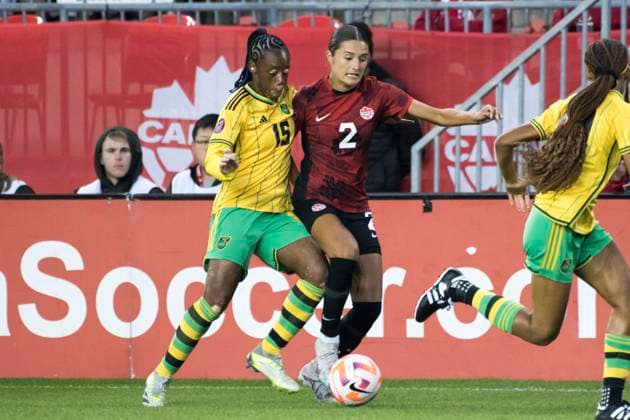 September 26, 2023, Toronto, Ontario, Canada: Tiffany Cameron 15 (L) and Sydney Collins 2 (R) in action during the CONCACAF Women s Championship 2024 Olympic qualifier between Canada and Jamaica at BMO field in Toronto. The game ended 2-1 for Canada sending it to the Paris 2024 Olympic Games, Olympische Spiele, Olympia, OS Toronto Canada - ZUMAm154 20230926_zap_m154_005 Copyright: xAngelxMarchinix