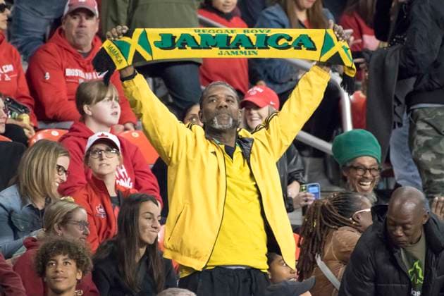 September 26, 2023, Toronto, Ontario, Canada: Jamaica football fan celebrates Drew Spence 8 scoring a goal during the CONCACAF Women s Championship 2024 Olympic qualifier between Canada and Jamaica at BMO field in Toronto. The game ended 2-1 for Canada sending it to the Paris 2024 Olympic Games, Olympische Spiele, Olympia, OS Toronto Canada - ZUMAm154 20230926_zap_m154_033 Copyright: xAngelxMarchinix