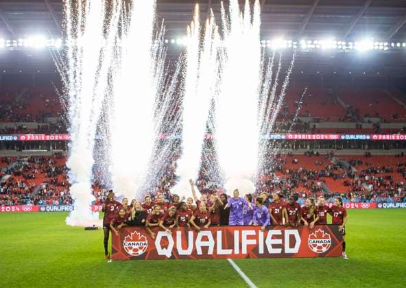 (230927) -- TORONTO, Sept. 27, 2023 -- Players of Canada celebrate victory after the Play-In series second leg match of the CONCACAF Women s Olympic Qualifying between Canada and Jamaica at BMO Field in Toronto, Canada, on Sept. 26, 2023. Canada women s national soccer team advanced to the Paris 2024 Olympic Games, Olympische Spiele, Olympia, OS on Tuesday. (Photo by Xinhua) (SP)CANADA-TORONTO-SOCCER-CONCACAF WOMEN S OLYMPIC QUALIFYING-PLAY-IN SERIES ZouxZheng 