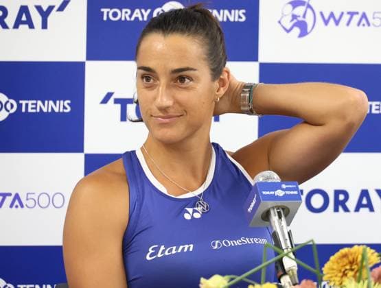 September 27, 2023, Tokyo, Japan - Caroline Garcia of France answers a question at a press conference, PK, Pressekonferenz at the Ariake Colosseum in Tokyo on Wednesday, September 27, 2023. Garcia will play at the Toray Pan Pacifuc Open tennis tournamnet this week. (photo by Yoshio Tsunoda AFLO) Noxthirdxpartyxsales  (0306068187st)