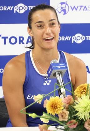 September 27, 2023, Tokyo, Japan - Caroline Garcia of France answers a question at a press conference, PK, Pressekonferenz at the Ariake Colosseum in Tokyo on Wednesday, September 27, 2023. Garcia will play at the Toray Pan Pacifuc Open tennis tournamnet this week. (photo by Yoshio Tsunoda AFLO) Noxthirdxpartyxsales  (0306068201st)