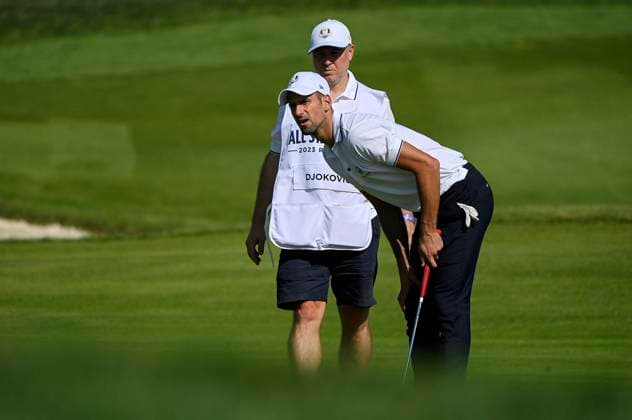 September 27, 2023, Rome: Serbian tennis player Novak Djokovic during the All Star Match at the 2023 Ryder Cup golf tournament at Marco Simone Golf Club in Guidonia near Rome, Italy, 27 September 2023. ANSA RICCARDO ANTIMIANI 2023 Ryder Cup golf tournament - All Star Match  - ZUMAa110 20230927_zaf_a110_048 Copyright: xRiccardoxAntimianix