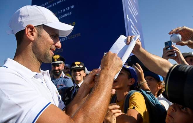 September 27, 2023, Rome: Serbian tennis player Novak Djokovic with fans during the All Star Match at the 2023 Ryder Cup golf tournament at Marco Simone Golf Club in Guidonia near Rome, Italy, 27 September 2023. ANSA RICCARDO ANTIMIANI 2023 Ryder Cup golf tournament - All Star Match  - ZUMAa110 20230927_zaf_a110_054 Copyright: xRiccardoxAntimianix